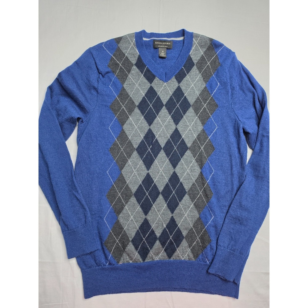 Banana Republic Sweater Men's Medium Blue Argyle Diamond 100% Merino Wool V-Neck
